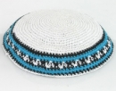 White knitted kippah with light blue and black border